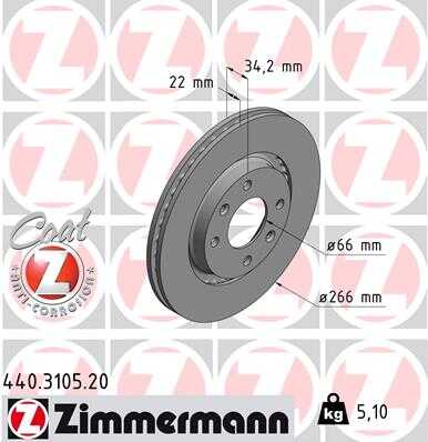 ZIMMERMANN 440.3105.20 Диск тормозной перед. 266x22/34-4x108 Citroen C3/Xsara, Peugeot 206 1.1-2.0HDi 96>