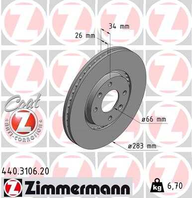 ZIMMERMANN 440.3106.20 Диск тормозной перед. 283x26/34-4x108 Citroen C5, Peugeot 307 1.4-2.0HDi 00>