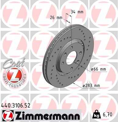 ZIMMERMANN 440.3106.52 Диск тормозной Sport перед. 283x26/34-4x108 Citroen C5, Peugeot 307 1.4-2.0HDi 00>