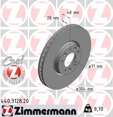 ZIMMERMANN 440312820 Диск тормозной перед. 304x28/48-5x108 Citroen Jumpy,Peugeot Experti,Fiat Scudo 1.6HDi