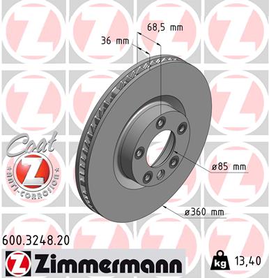 ZIMMERMANN 600324820 Диск тормозной перед. прав.! Porsche Cayenne, VW Touareg 3.0-4.8/4.2TDI 10>