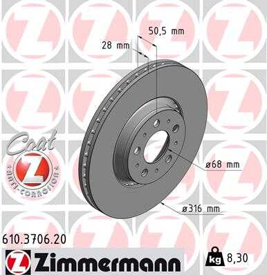 ZIMMERMANN 610.3706.20 Диск тормозной перед. 316x28/50-5x108 Volvo XC90 2.5/3.0/2.4TD 02>