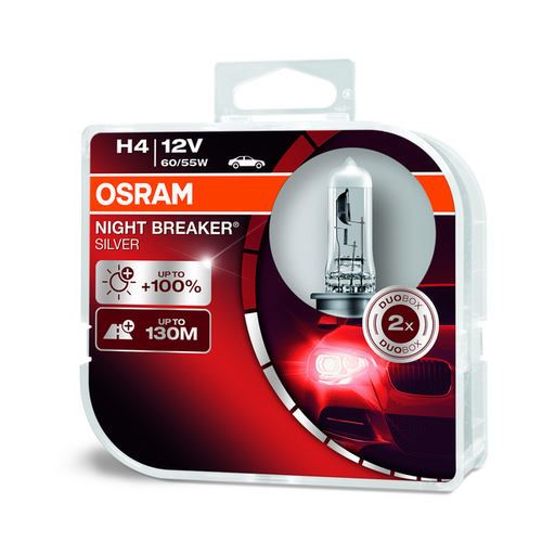 OSRAM 64193NBS-HCB Комплект ламп NIGHT BREAKER SILVER! 2шт. (H4) 12V 60/55W P43t +100% света;Лампа накаливания, основная фара