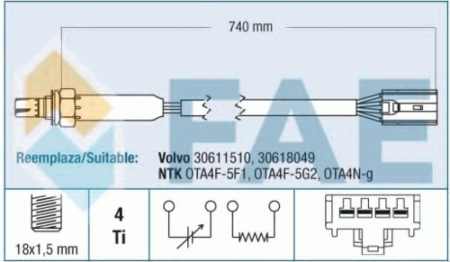 FAE 77189 Лямбда-зонд! L=740mm Volvo S40/V40 1.6-2.0i 95-04