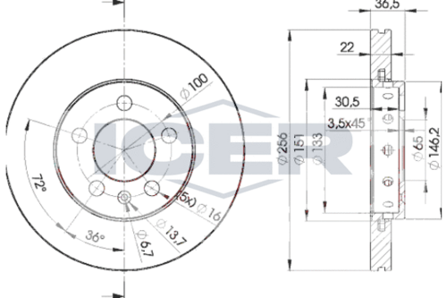 ICER 78BD5602-2 Комплект дисков тормозных передних! 2шт. Audi A2/A3,VW Golf/Bora 1.6 96>