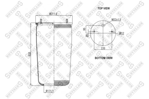 STELLOX 90-07254-SX Пневмоподушка без стак. 2шп. м12 смещ.20 1отв-шт. м22 н:отв. d171.1 BPW Gigant