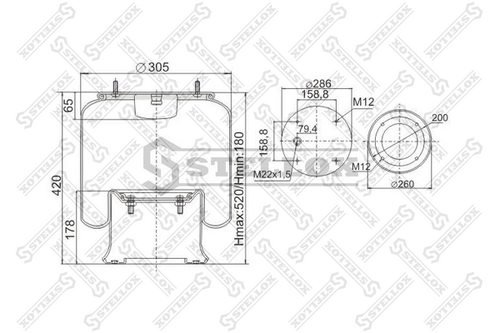 STELLOX 9008131SX Пневмоподушка со стак! 4шп. M12. 1отв. шт. M22. порш стальн.4отв. m12 SAF/ROR/Trailor/Volvo