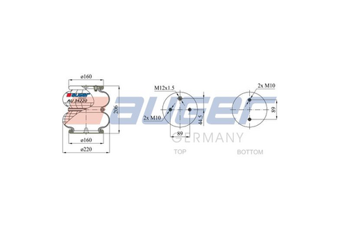 AUGER AU342202P08 Пневмоподушка в сборе 2B-220-3 в:2отв. m10 1отв-шт. M12 н:2отв. м10 216x215Scania/SAF