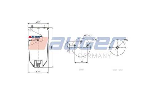 AUGER AU 344157-14 Пневмоподушка без стак.! H453 2шп. M12смещ.25. 1отв. штуц. M22. 1отв. M12 ROR/MB