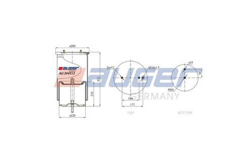 AUGER AU344913K Пневмоподушка со стак.! h485 2шп. d12.1отв. шт. M16. порш. мет.1отв. d15.1отв d16Scania