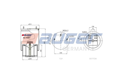 AUGER AU34881KP Пневмопод. со стак.! BPW36. 2шп. M12смещ.25. 1отв. штуц. M22. поршень пластик, 12отв. bpw