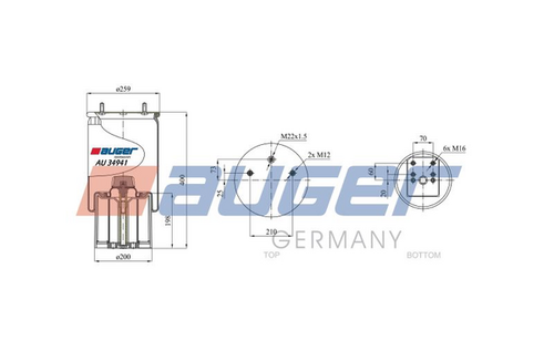 AUGER AU34941KP Пневмопод. со стак. 941MB h523 2шп. M12смещ.25. 1отв. штуц. M22. поршень пластикbpw