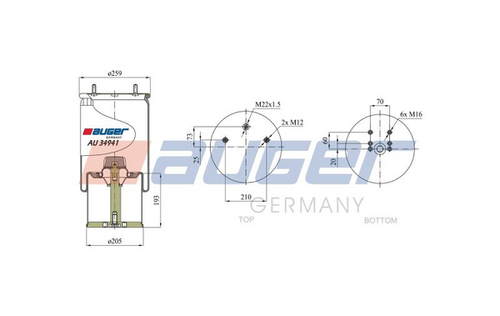 AUGER AU34941K Пневмопод. со стак. 941MB h523 2шп. M12смещ.25. 1отв. штуц. M22. поршень металлbpw