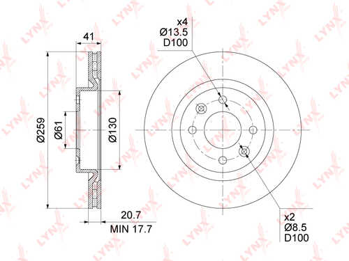 LYNX BN-1418 Тормозной диск перед., H41, вентилируемый, T20.5, мин. толщина: 17.7, D259, 4отв., d61, D:100 DACI