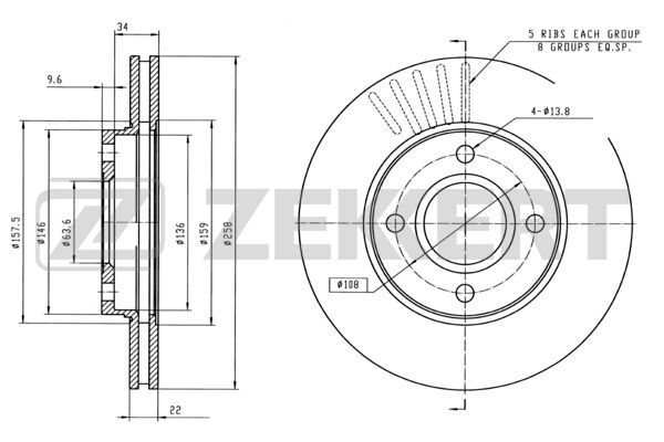 ZEKKERT BS-5222 Диск тормозной передний вентилируемый 258*22