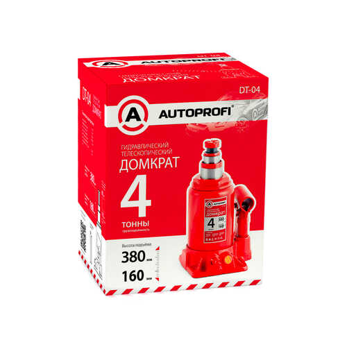 AUTOPROFI DT04 Домкрат! бутылочный гидравл., телескоп., 4 тонны, защита от перегруза, высота 160-380мм