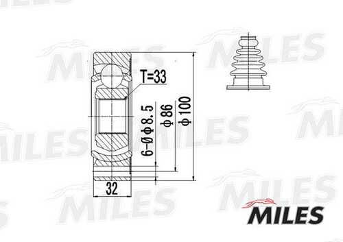 MILES GA10002 ШРУС AUDI 90/100/A4 I 1.8-2.4 83-91 внутр. (10702070/030519/0077058/1);Шарнирный комплект, приводной вал