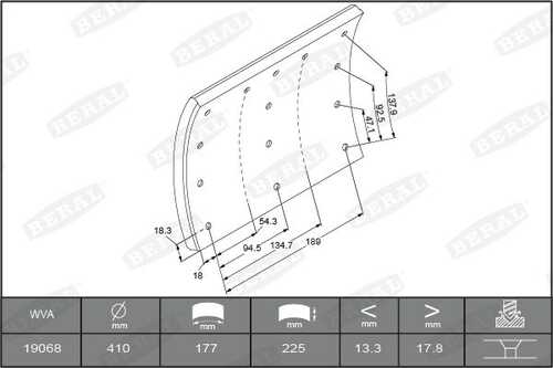 BERAL KBL1906801550 Накладки тормозные STD без закл.19940 18.0-13.5 (410x223) (93680 /L8.5 6.35x13.5 96)