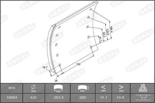 BERAL KBL1909401560 Накладки тормозные STD без закл.420x200 (93251 8x15 80) BPW,DAF,Freuhauf,Kass,SAE.