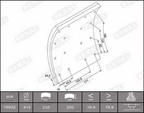 BERAL KBL1993211637 Накладки торм.1-рем без закл.20.0 (413x203) (6.35x19.5 64) Scania 93/113/143