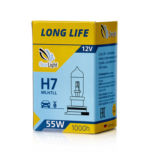 CLEARLIGHT MLH7LL Лампа! галогеновая 12V H7 55W PX26d 3500K (хедер 1шт) Long Life;Лампа галогенная