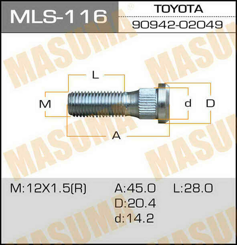 MASUMA MLS116 Шпилька колеса! Toyota;Шпилька колесная