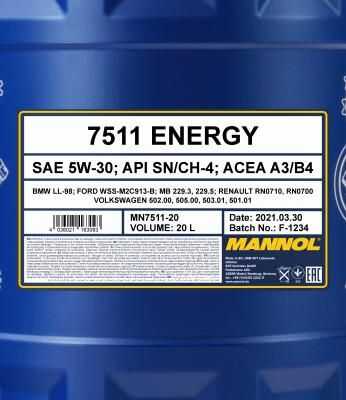 MANNOL MN751120 MN7511-20 7511 ENERGY 5W-30 20 л. Синтетическое моторное масло 5W-30