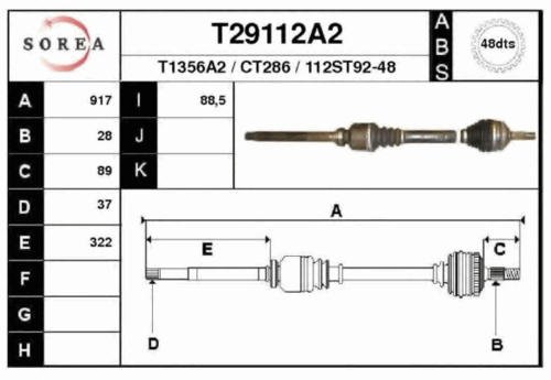 EAIGROUP T29112A2 Привод правый! 917mm ABS Citroen XM, Peugeot 607 2.0/2.2/3.0i/HDi 97>