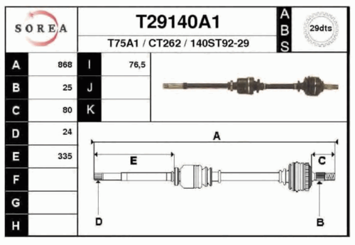 EAIGROUP T29140A1 Привод правый! 865mm D29 ABS Peugeot Partner,Citroen Berlingo 1.8/1.9D BE3 96>