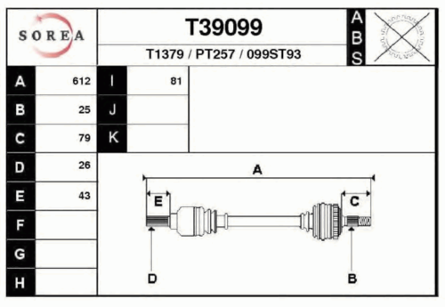 EAIGROUP T39099 Привод левый! 612mm Peugeot 307 1.6i/2.0i/2.0HDi 01>