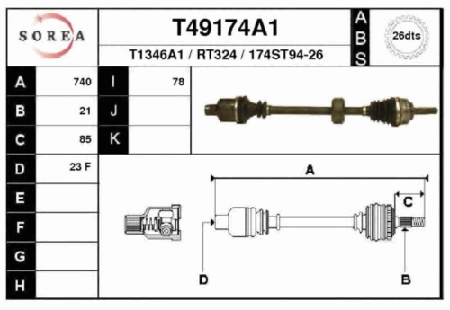 EAIGROUP T49174A1 Привод правый! 740mm ABS Renault Clio II 1.4-1.6 E7J/K7M 98>