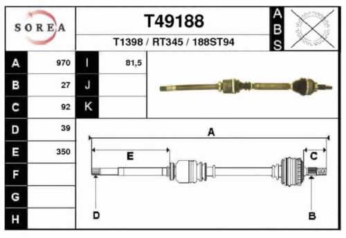 EAIGROUP T49188 Привод правый! 970mm Renault Laguna 1.9DCi 01>