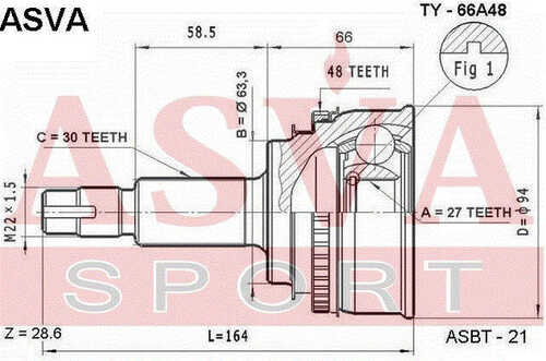 ASVA TY66A48 ШРУС наружний 27x63.5x30 (10216022/201112/0028388/8, китай)